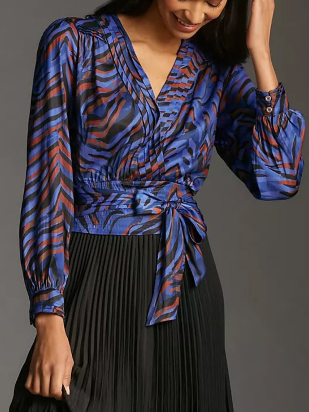 Anthropologie Satin Animal Zebra Print Long Sleeve V-Neck Mob Wife Blouse XL